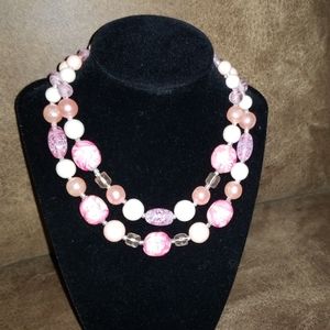 Hot pink tie dyed marbled two stand necklace beads